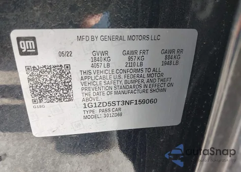 2022 Chevrolet Malibu Fwd Lt из США, поврежденный, VIN 1G1ZD5ST3NF159060